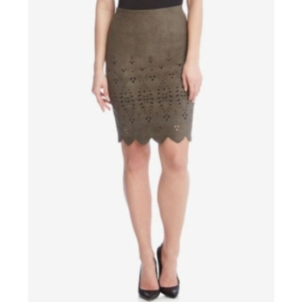 Karen‎ Kane Skirt Women M Olive Midnight Sun Velvet Mini Die Cut Lined Scalloped